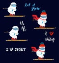 Cute and funny snow yeti skiing vector set. I love sport and skiing. Happy cartoon yeti with red winter hat and scarf. Winter