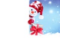 Cute funny snowman holding white page, greeting Christmas card