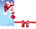 Cute funny snowman holding white page, Greeting Christmas card.