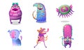 Cute funny spooky purple fictional monster characters vector illustration
