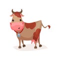 Cute funny spotted cow with bell on its neck cartoon vector Illustration