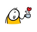 Cute, funny stickman guy holding a mug with a hot drink. Vector illustration of coffee or tea with steamed heart.