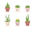 Cute funny succulents. Kawaii home cacti characters in flowerpots set, happy love cactus with flower, houseplants faces