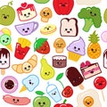 Cute funny sweet seamless pattern smiley food in vector character happy tasty cartoon foody illustration isolated on Royalty Free Stock Photo