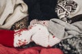 Cute funny tabby cat hiding in sweaters, space for text. kitty m