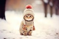 Cute funny tabby cat sitting in beige warm knitted hat and scarf on blurred snowy winter background.