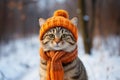 Cute funny tabby cat sitting in orange warm knitted hat and scarf on blurred snowy winter background.