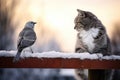 Cute funny tabby hunter cat sits on a fence and watches a sitting bird.