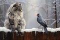 Cute funny tabby hunter cat sits on a fence and watches a sitting bird.