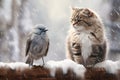 Cute funny tabby hunter cat sits on a fence and watches a sitting bird.