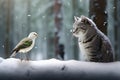 Cute funny tabby hunter cat sitting in snowy forest and watching a bird. Hunter cat is watching the victim.