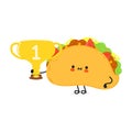 Cute funny taco hold gold trophy cup. Vector hand drawn cartoon kawaii character illustration icon. Isolated on white Royalty Free Stock Photo