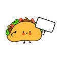 Cute funny taco with poster. Vector hand drawn cartoon kawaii character illustration icon. Isolated on blue background Royalty Free Stock Photo