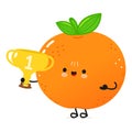 Cute funny Tangerine fruit hold gold trophy cup. Vector hand drawn cartoon kawaii character illustration icon. Isolated Royalty Free Stock Photo