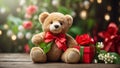 Cute funny teddy bear toy, gift box with a bow, with bouquets of lily of the valley flowers