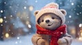 Cute funny teddy bear wearing a warm hat and red scarf on the background of a winter street. Horizontal Christmas card