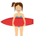 Cute funny teenager girl with a red surfboard over white background Royalty Free Stock Photo