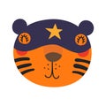 Cute funny tiger superhero face in mask cartoon character illustration.