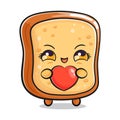 Cute funny toast bread with heart in hand. Vector hand drawn cartoon kawaii character illustration icon. Isolated on