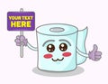 Cute funny toilet tissue, paper smiling happily holding a signboard. Toilet paper mascot character design. Design for print,