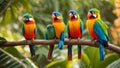 Cute funny tropical parrots on branch, leaves summer