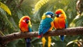 Cute funny tropical parrots on branch, leaves summer nature