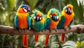 Cute funny tropical parrots on branch, leaves summer creative