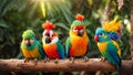 Cute funny tropical parrots on branch, leaves summer creative exotic