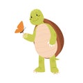 Cute and funny turtle looking at pretty butterfly on its paw. Happy green tortoise holding moth. Childish animal mascot