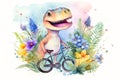 Cute funny Tyrannosaurus Rex dinosaur riding bicycle, AI generative