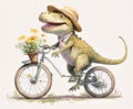 Cute funny Tyrannosaurus Rex dinosaur riding bicycle, AI generative