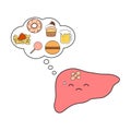 Cute and funny, unhappy and sick human liver character thinking junk foods cartoon concept illustration isolated on white b Royalty Free Stock Photo