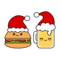 Cute and funny vector christmas cartoon glass of fresh beer and hamburger wearing Santa`s hat