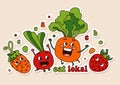 Cute and funny vegetable characters in various posing and emotional. Set contains strawberry, beet, turnip, carrot