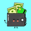 Cute funny Wallet with money and credit card waving hand. Vector hand drawn cartoon kawaii character illustration icon
