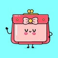 Cute funny Wallet for women waving hand. Vector hand drawn cartoon kawaii character illustration icon. Isolated on blue