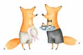 Cute and Funny Watercolor Foxes. Gentleman and lady. Animal. Summer Royalty Free Stock Photo