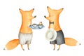 Cute and Funny Watercolor Foxes. Gentleman and lady. Animal. Tray