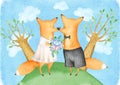 Cute and Funny Watercolor Foxes. Illustration. Wedding. Greeting card