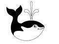 Cute funny whale. Black and white image of a marine mammal. Logo or sign depicting a whale from the fountain from the back.