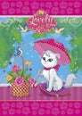 Cute funny white cat. Set with animal, birds, flower basket. Decorative style toy, doll. Wonderland. Magic story. Fabulous garden. Royalty Free Stock Photo