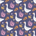 Cute funny white goose among the plants on a purple background. Vector seamless pattern on purple background. Wallpaper Royalty Free Stock Photo