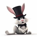 Cute funny white rabbit in a black top hat and tailcoat suit, creative avatar, cartoon caricature in 3D style, portrait Royalty Free Stock Photo