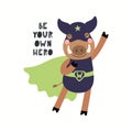 Cute funny wild boar superhero flying, quote