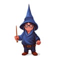 Cute Funny Wizard Wearing a Hat and with Magic Wand. Vector