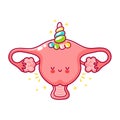 Cute funny woman uterus organ with unicorn horn
