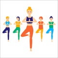 Cute funny women practicing yoga together, cartoon stile. Group performing gymnastic exercise. Aerobics class, training, sports Royalty Free Stock Photo