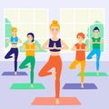 Cute funny women practicing yoga together in room, cartoon stile. Group performing gymnastic exercise. Aerobics class, training, Royalty Free Stock Photo