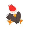 Cute funny woodpecker bird cartoon character sitting with folded wings vector Illustration on a white background