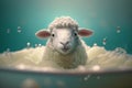 Cute and Funny Woolen Sheep in a Bathtub with Lots of Bubbles on Bath Day